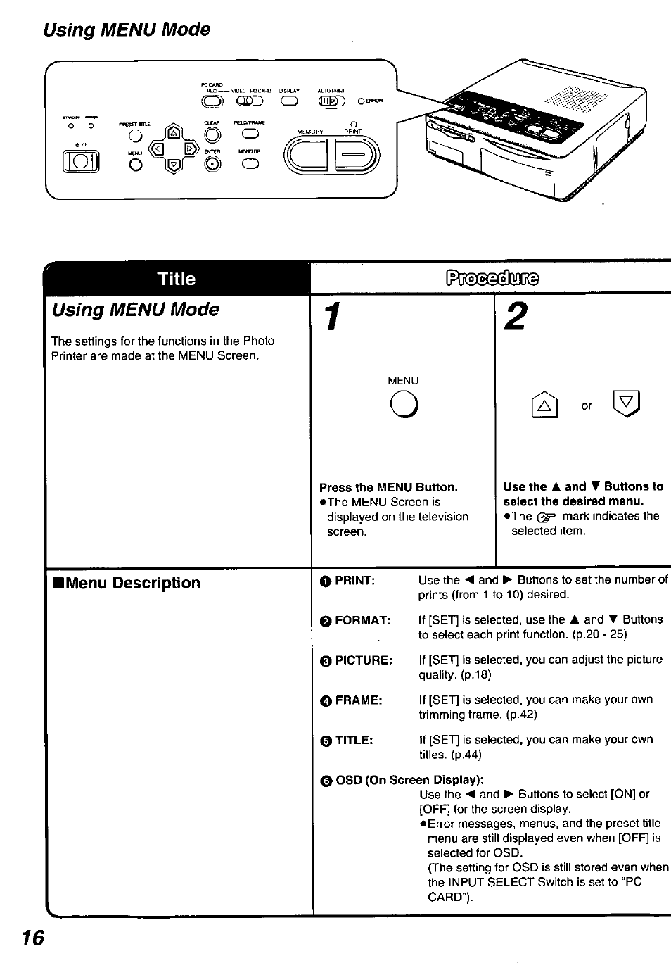 Using menu mode, Use the a and t buttons to select the desired menu, Imenu description | Panasonic PV-PD2000 User Manual | Page 16 / 60