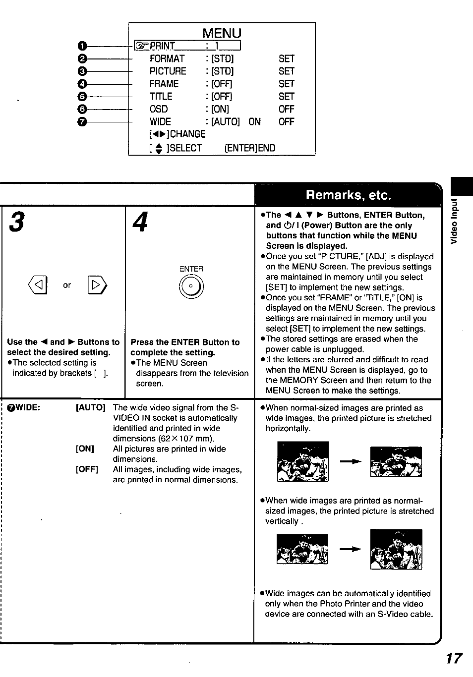 Press the enter button to complete the setting, Remarks, etc, Menu | Panasonic PV-PD2000 User Manual | Page 17 / 60