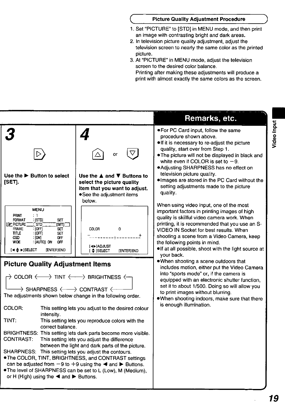 Picture quality adjustment procedure, Use the ^ button to select [set, Picture quality adjustment items | Remarks, etc | Panasonic PV-PD2000 User Manual | Page 19 / 60