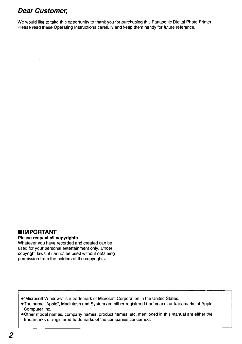 Dear customer | Panasonic PV-PD2000 User Manual | Page 2 / 60