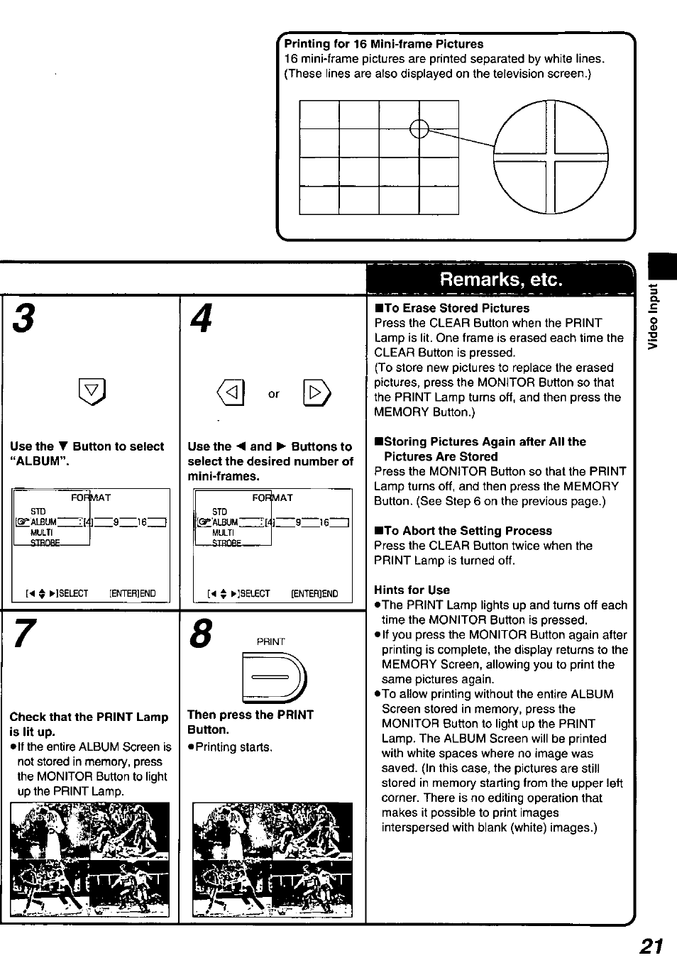 Printing for 16 mini-frame pictures, Use the ▼ button to select “album, Check that the print lamp is lit up | Then press the print button, To erase stored pictures, To abort the setting process, Hints for use, Remarks, etc | Panasonic PV-PD2000 User Manual | Page 21 / 60