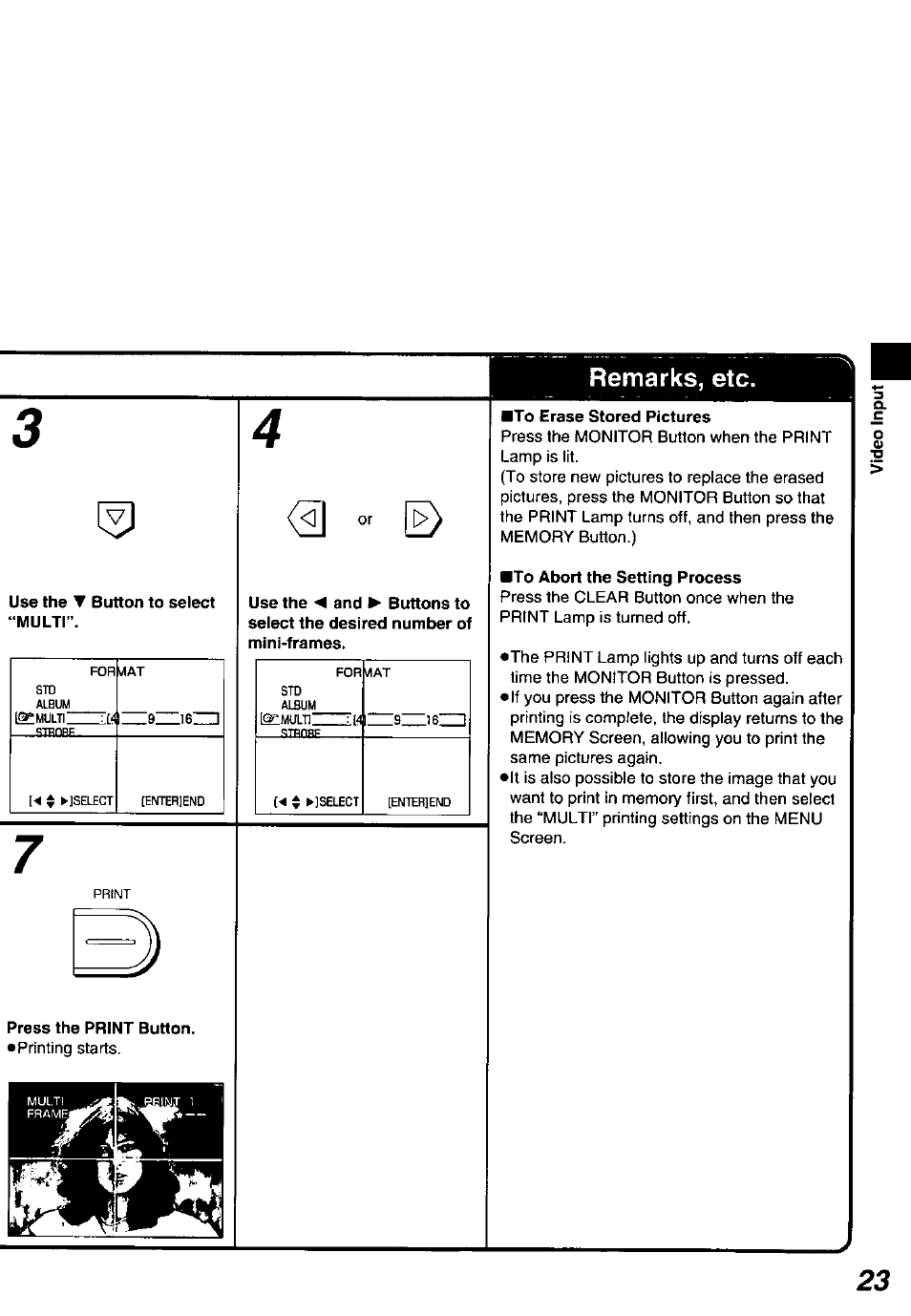 Use the ▼ button to select “multi, Press the print button, To erase stored pictures | To abort the setting process, Remarks, etc | Panasonic PV-PD2000 User Manual | Page 23 / 60