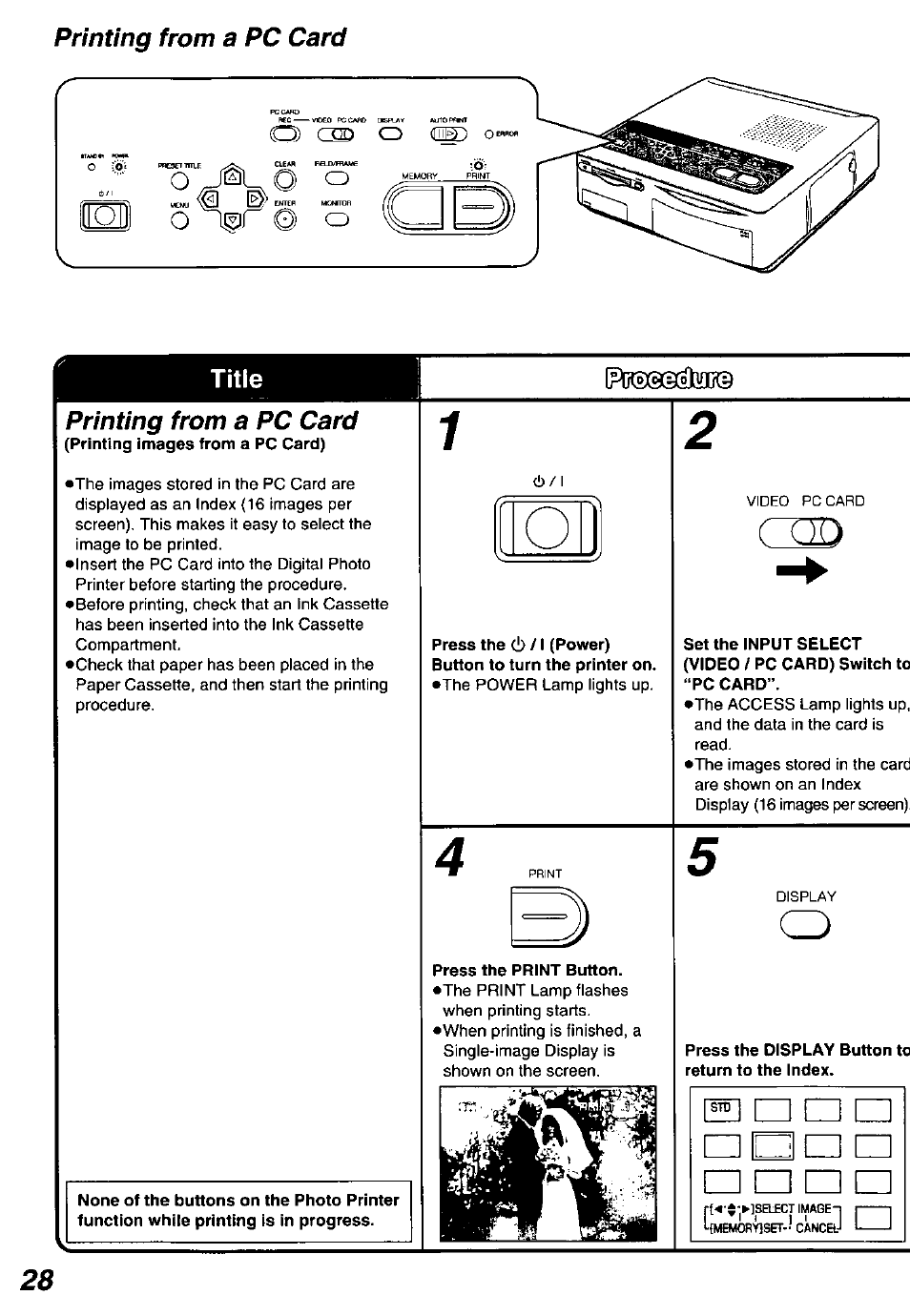 Printing from a pc card, Press the display button to return to the index, Title | Panasonic PV-PD2000 User Manual | Page 28 / 60