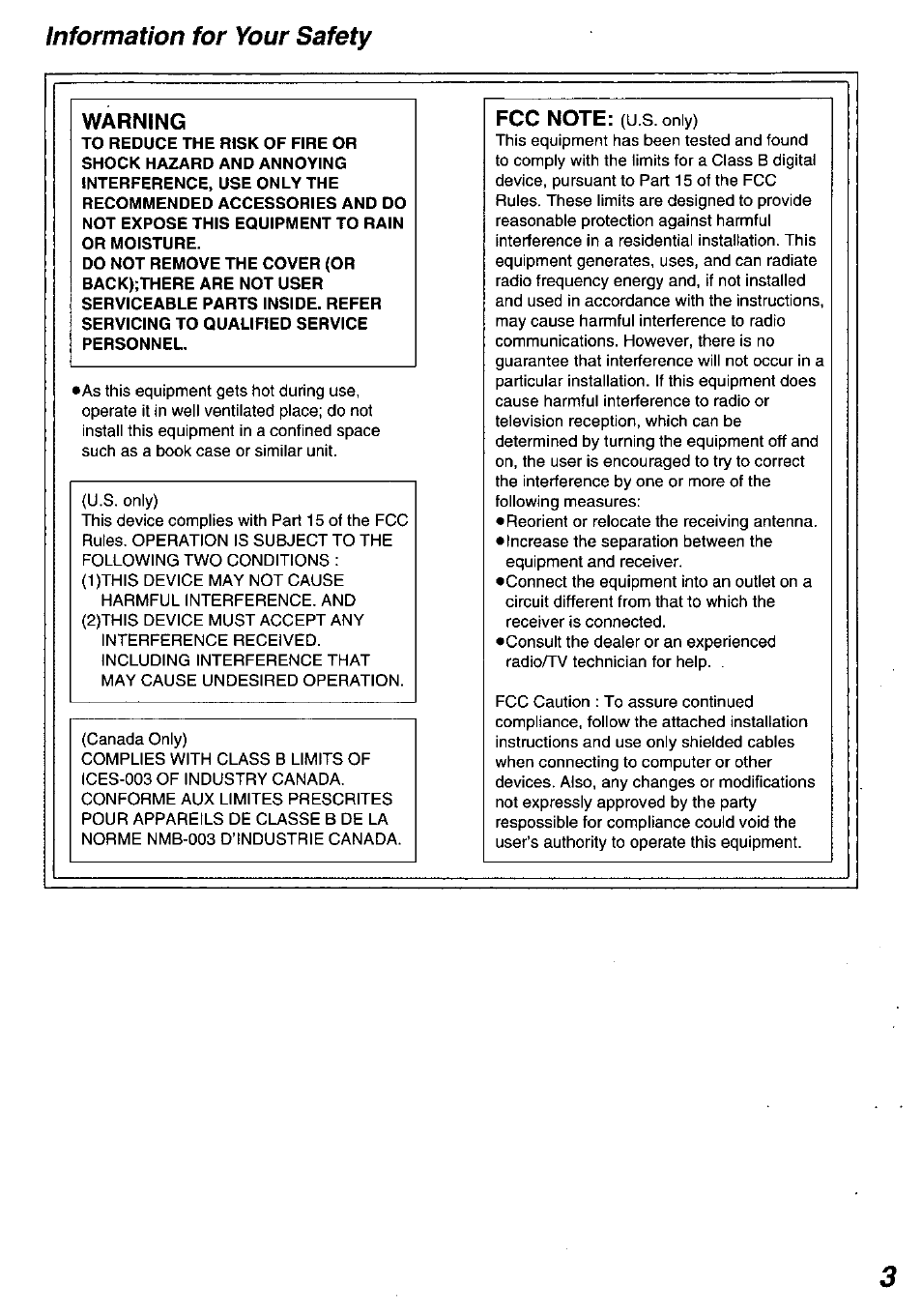 Information for your safety, Warning | Panasonic PV-PD2000 User Manual | Page 3 / 60