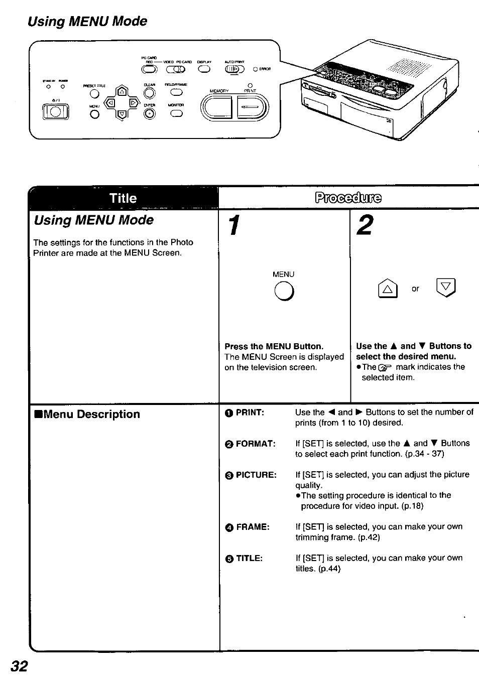 Using menu mode, Using menu mode "g | Panasonic PV-PD2000 User Manual | Page 32 / 60