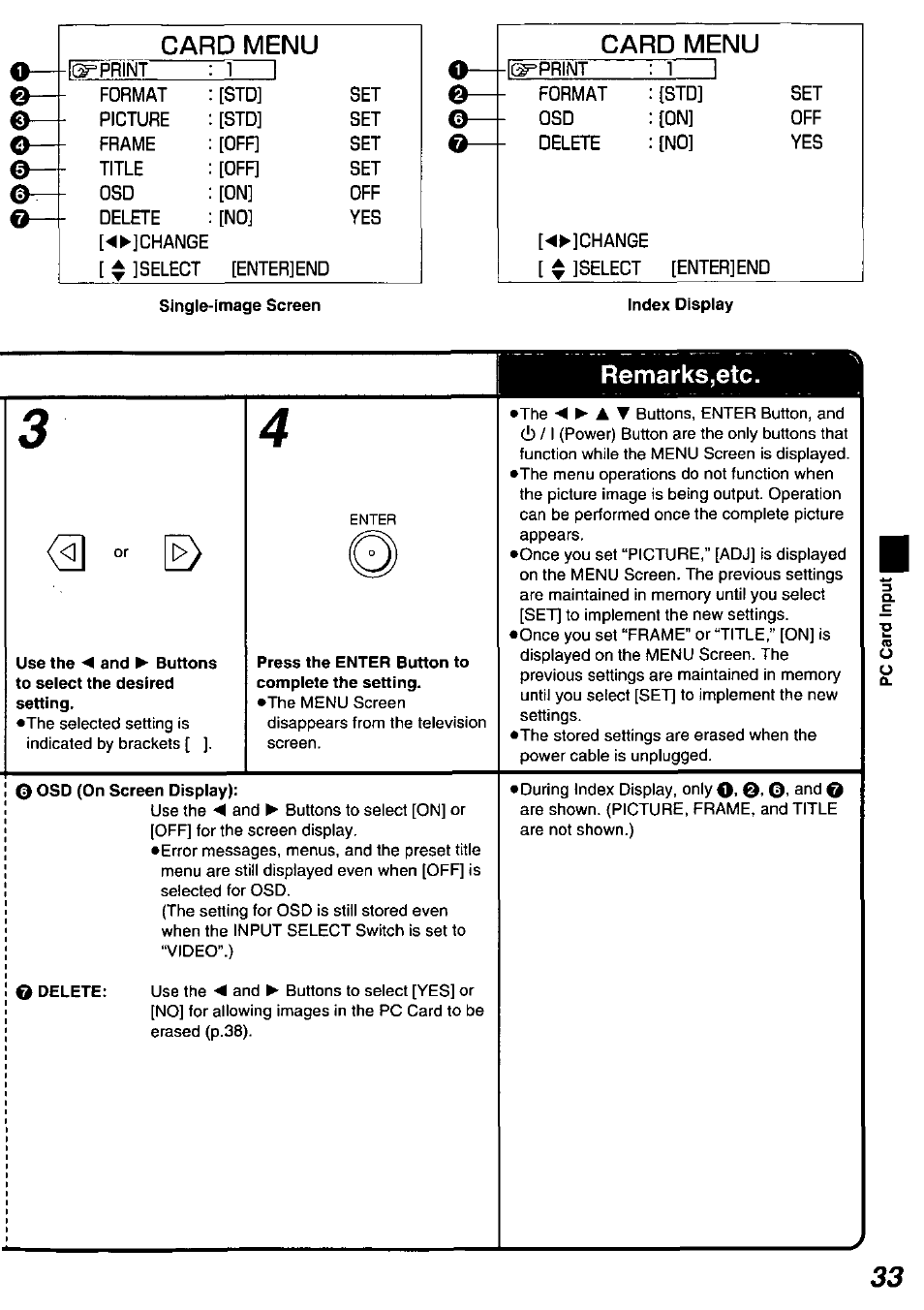 Press the enter button to complete the setting, O osd (on screen display), Card menu | Remarks,etc | Panasonic PV-PD2000 User Manual | Page 33 / 60
