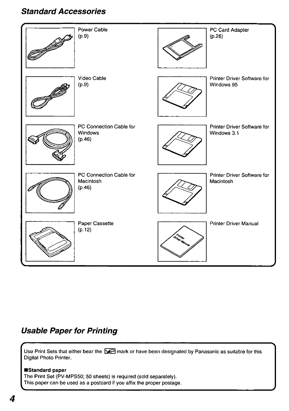 Standard accessories, Usable paper for printing | Panasonic PV-PD2000 User Manual | Page 4 / 60