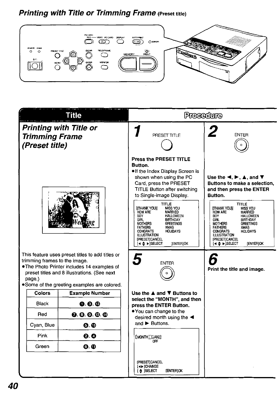 Title, Press the preset title button, Printing with title or trimming frame | Printing with titie or trimniing frame | Panasonic PV-PD2000 User Manual | Page 40 / 60