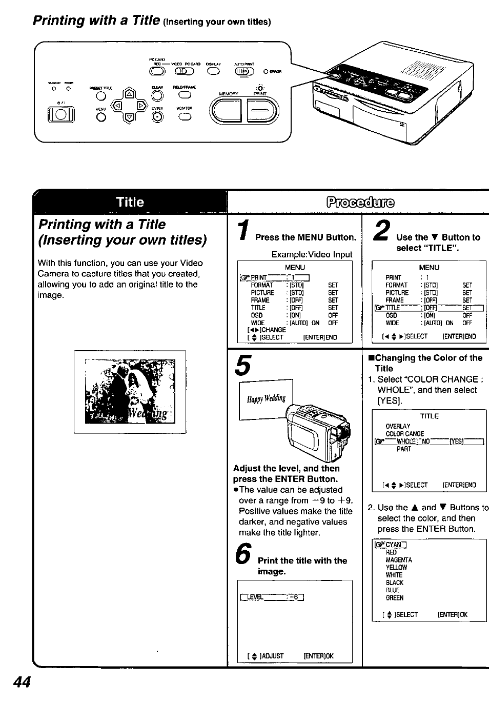 Title, Printing with a title (inserting your own titles), Printing with a titie | Panasonic PV-PD2000 User Manual | Page 44 / 60