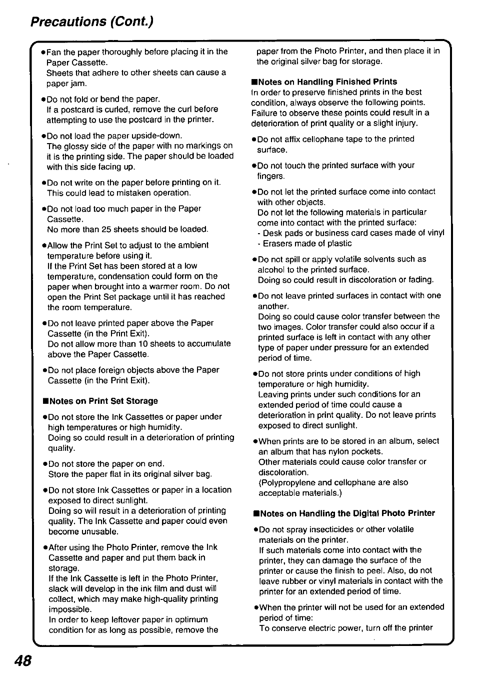 Precautions (cont), Notes on print set storage, Notes on handling finished prints | Notes on handling the digital photo printer | Panasonic PV-PD2000 User Manual | Page 48 / 60