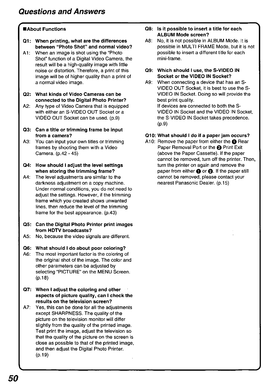 Questions and answers, Questions and answers g | Panasonic PV-PD2000 User Manual | Page 50 / 60