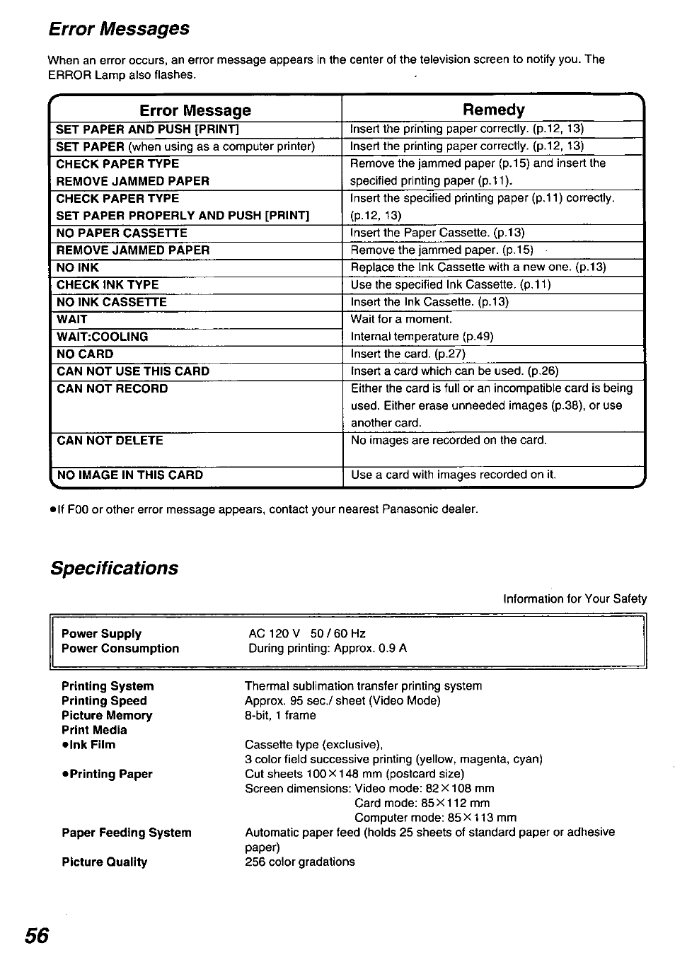 Error messages, Specifications, Error messages specifications | Panasonic PV-PD2000 User Manual | Page 56 / 60