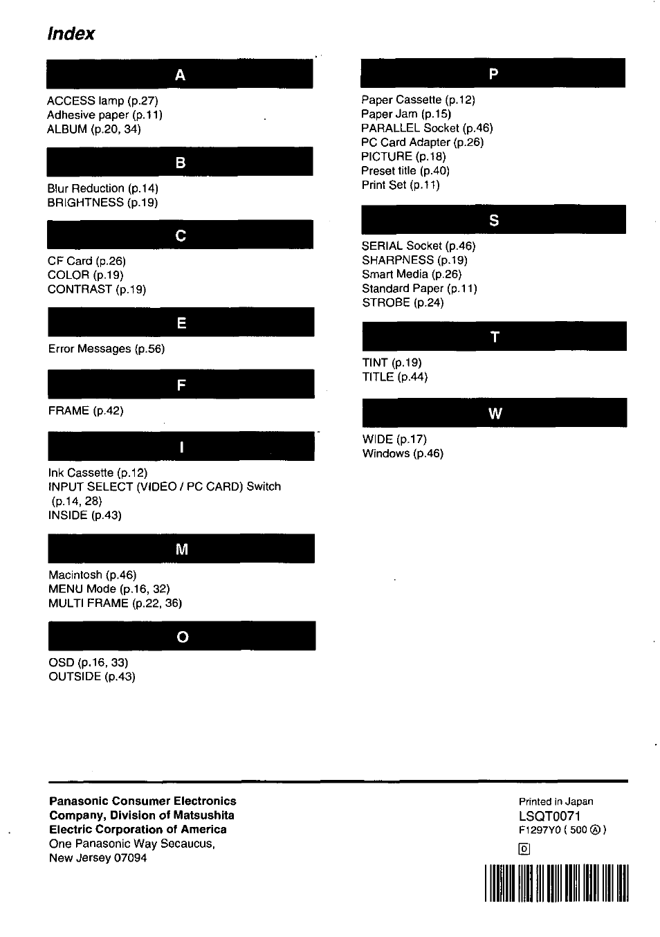 Index | Panasonic PV-PD2000 User Manual | Page 60 / 60