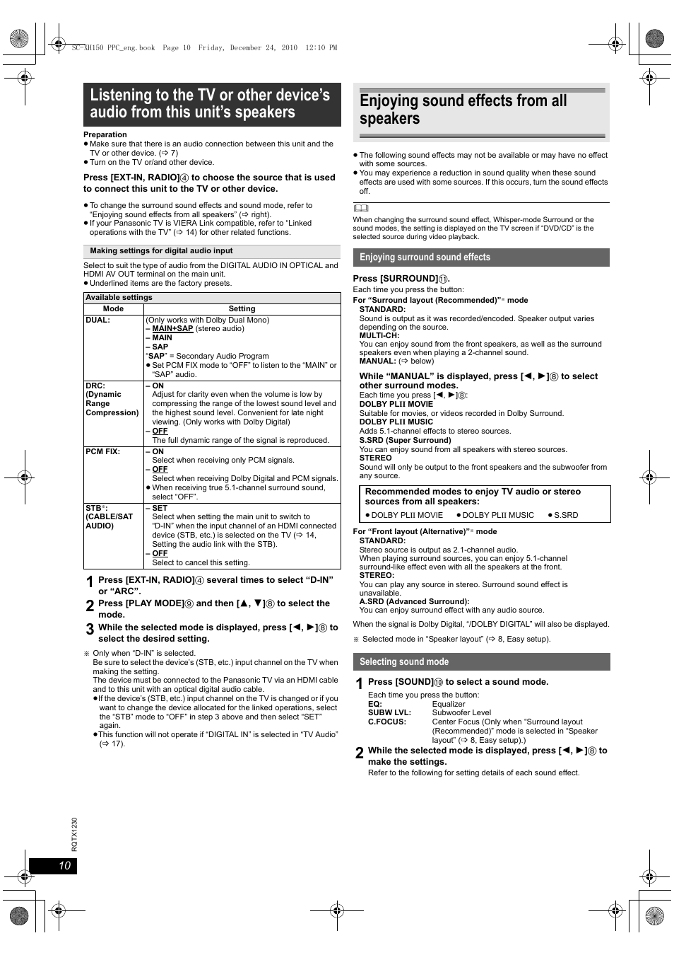 Enjoying sound effects from all speakers | Panasonic SC-XH150 User Manual | Page 10 / 26