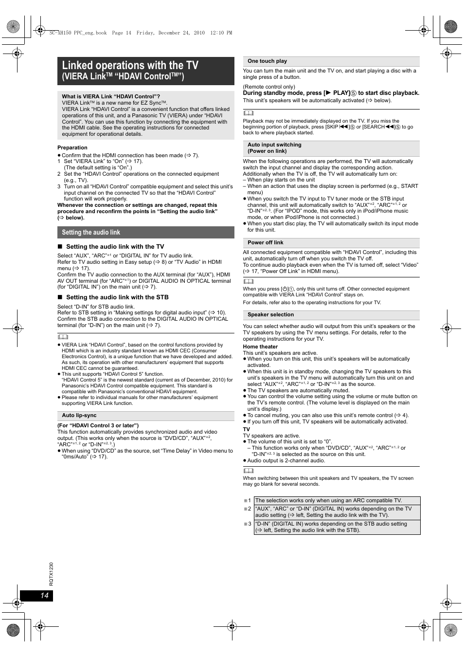 Linked operations with the tv, Viera link, Hdavi control | Panasonic SC-XH150 User Manual | Page 14 / 26