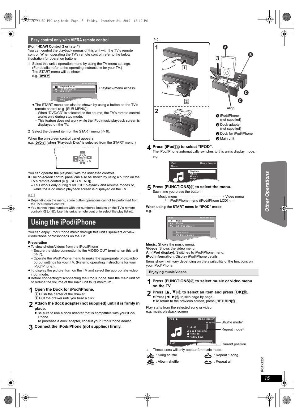 Using the ipod/iphone | Panasonic SC-XH150 User Manual | Page 15 / 26