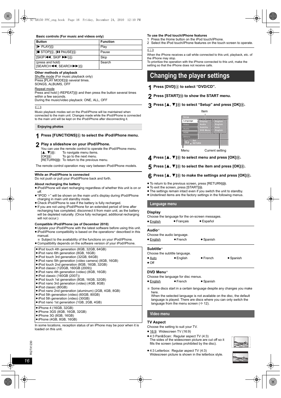 Changing the player settings | Panasonic SC-XH150 User Manual | Page 16 / 26