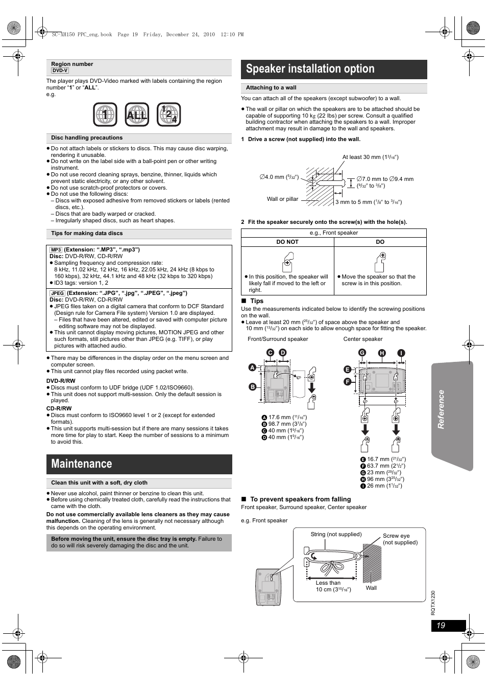 Maintenance, Speaker installation option | Panasonic SC-XH150 User Manual | Page 19 / 26