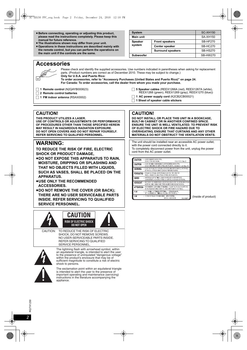 Accessories, Warning, Caution | Panasonic SC-XH150 User Manual | Page 2 / 26