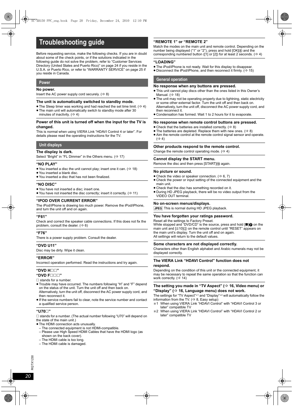 Troubleshooting guide | Panasonic SC-XH150 User Manual | Page 20 / 26