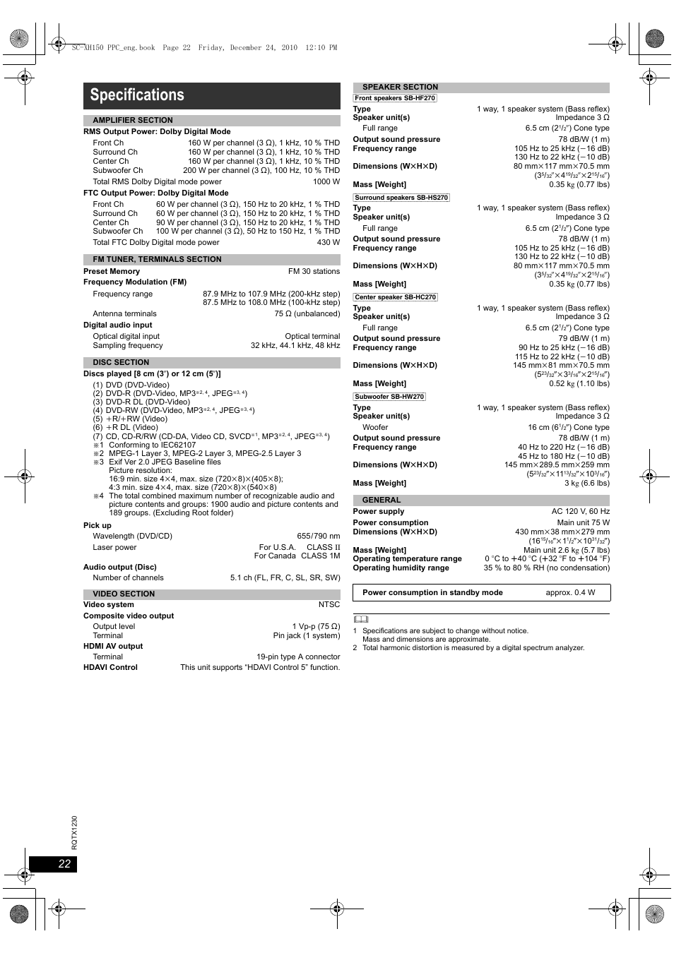 Specifications | Panasonic SC-XH150 User Manual | Page 22 / 26