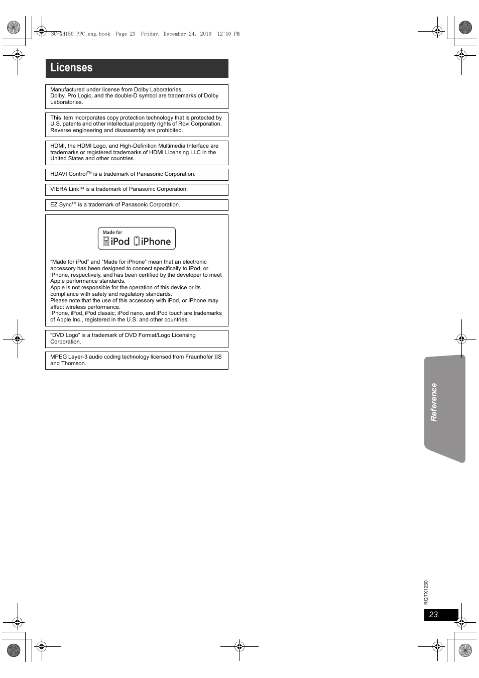 Licenses | Panasonic SC-XH150 User Manual | Page 23 / 26