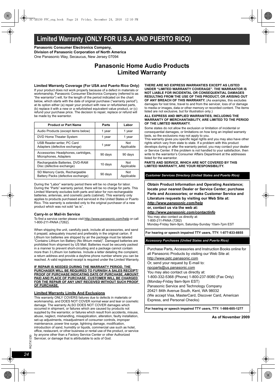 Limited warranty (only for u.s.a. and puerto rico), Panasonic home audio products limited warranty | Panasonic SC-XH150 User Manual | Page 24 / 26