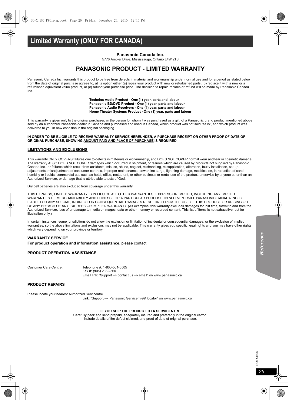 Limited warranty (only for canada), Panasonic product - limited warranty | Panasonic SC-XH150 User Manual | Page 25 / 26