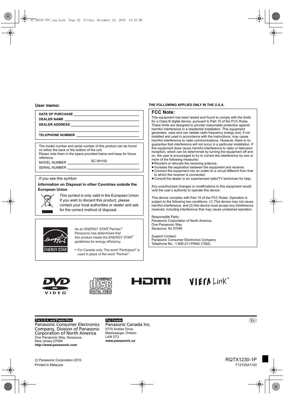 Panasonic SC-XH150 User Manual | Page 26 / 26