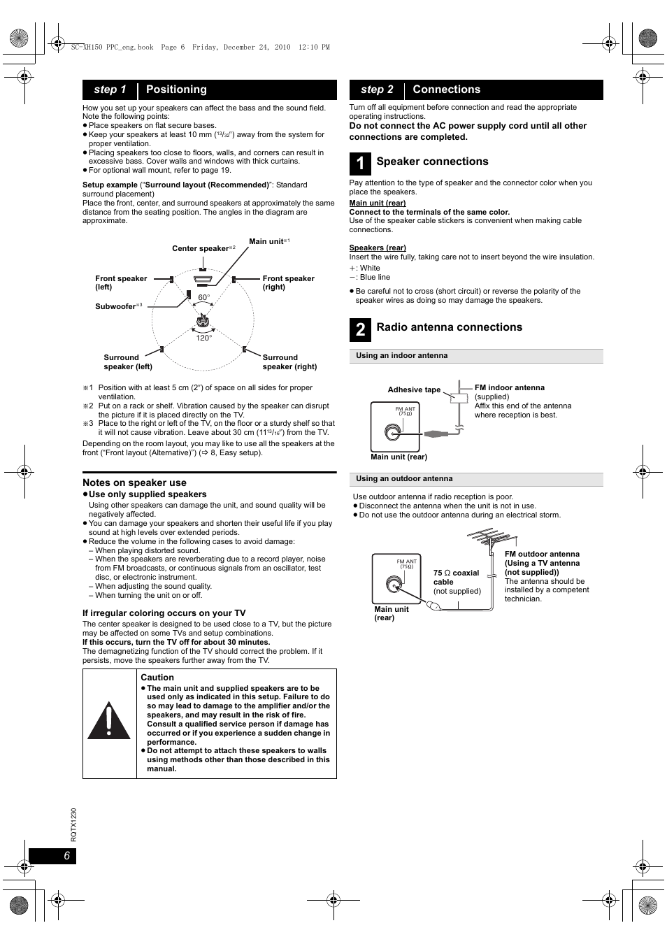 Step 1 positioning, Step 2 connections, Speaker connections | Radio antenna connections | Panasonic SC-XH150 User Manual | Page 6 / 26