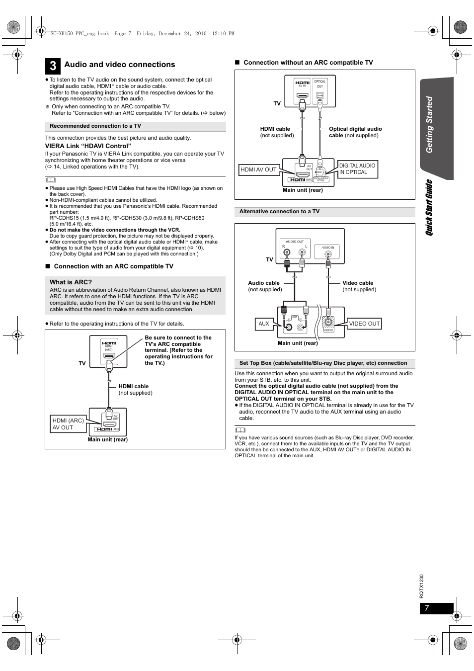 Quick start gu ide, Getting s tarted, Audio and video connections | Panasonic SC-XH150 User Manual | Page 7 / 26