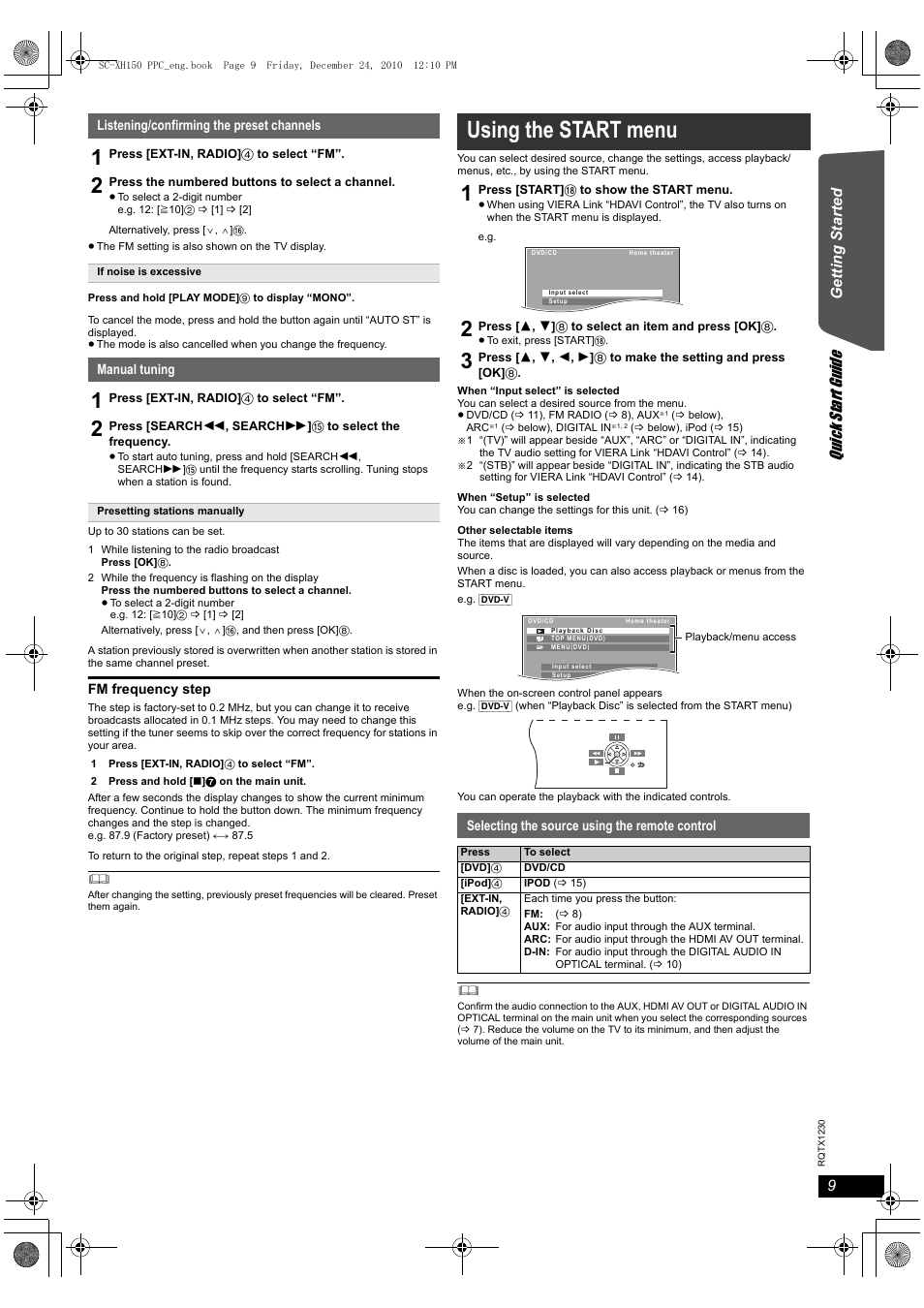 Using the start menu, Quick start gu ide | Panasonic SC-XH150 User Manual | Page 9 / 26