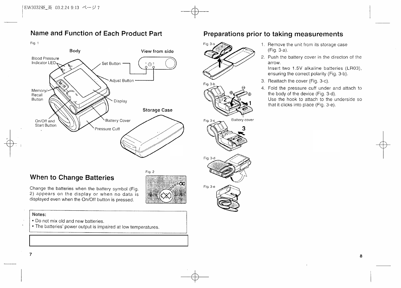 Name and function of each product part, When to change batteries, Preparations prior to taking measurements | Panasonic EW3032 User Manual | Page 5 / 11