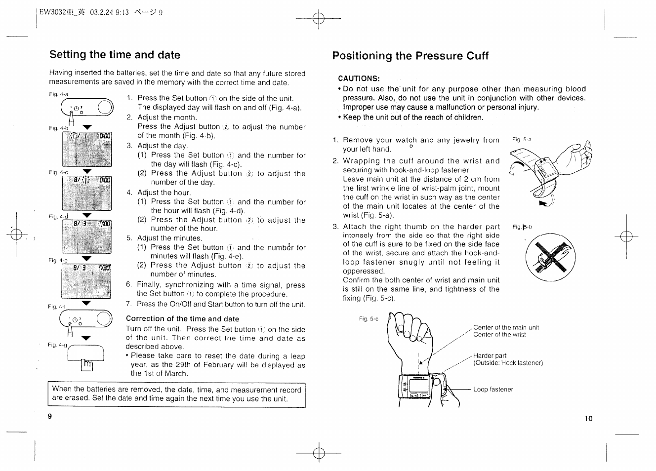 Setting the time and date, Positioning the pressure cuff | Panasonic EW3032 User Manual | Page 6 / 11
