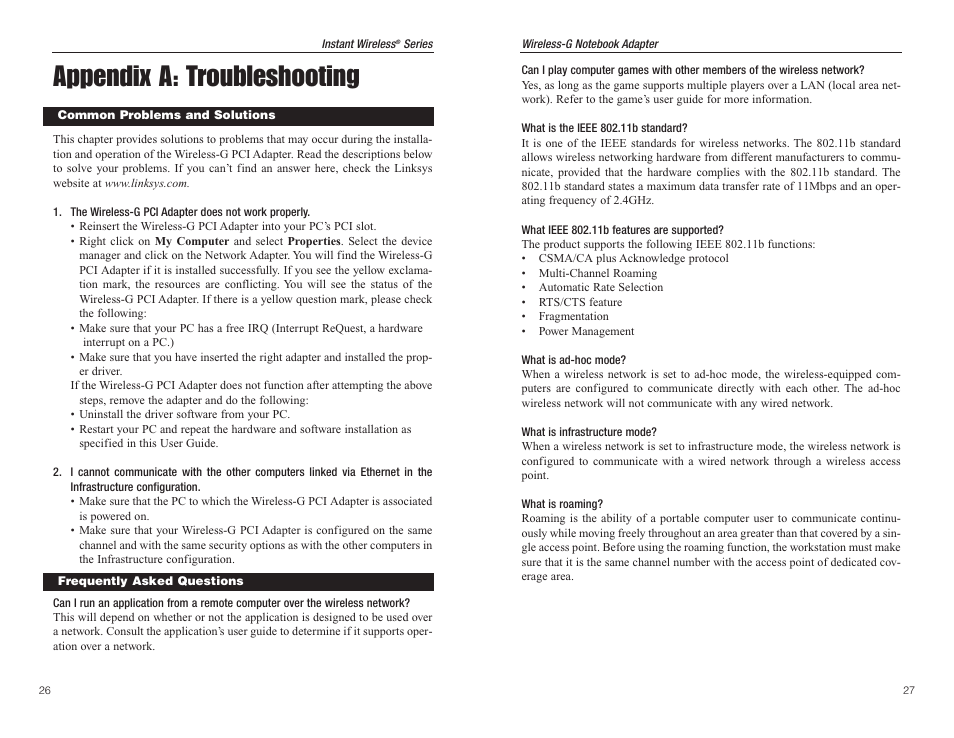 Appendix a: troubleshooting | Panasonic WMP54G User Manual | Page 17 / 25