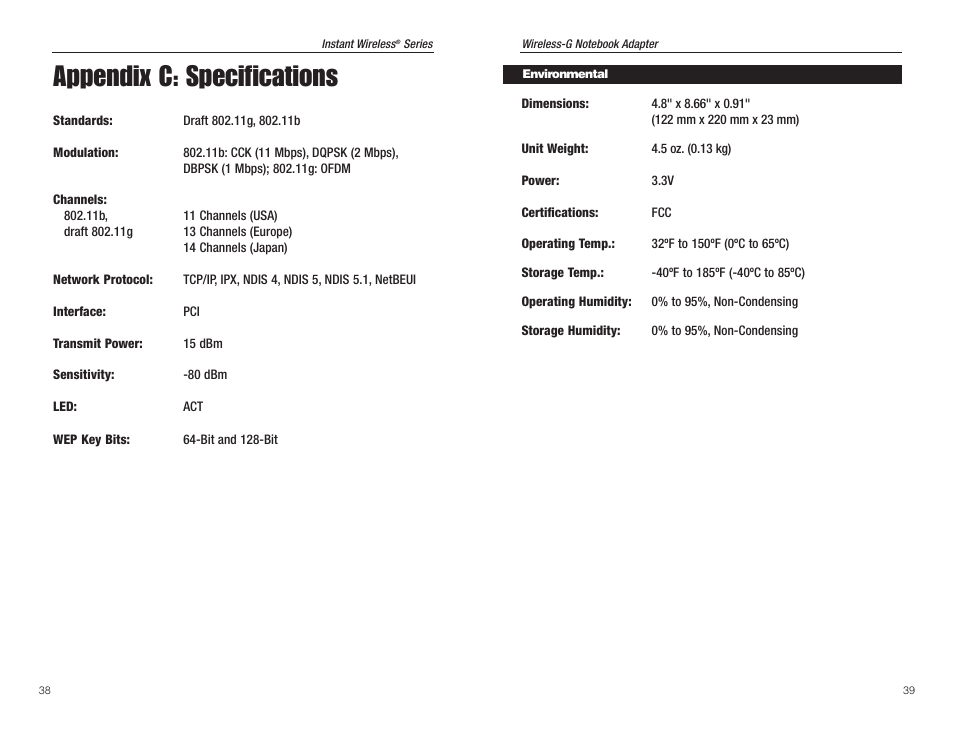 Appendix c: specifications | Panasonic WMP54G User Manual | Page 23 / 25