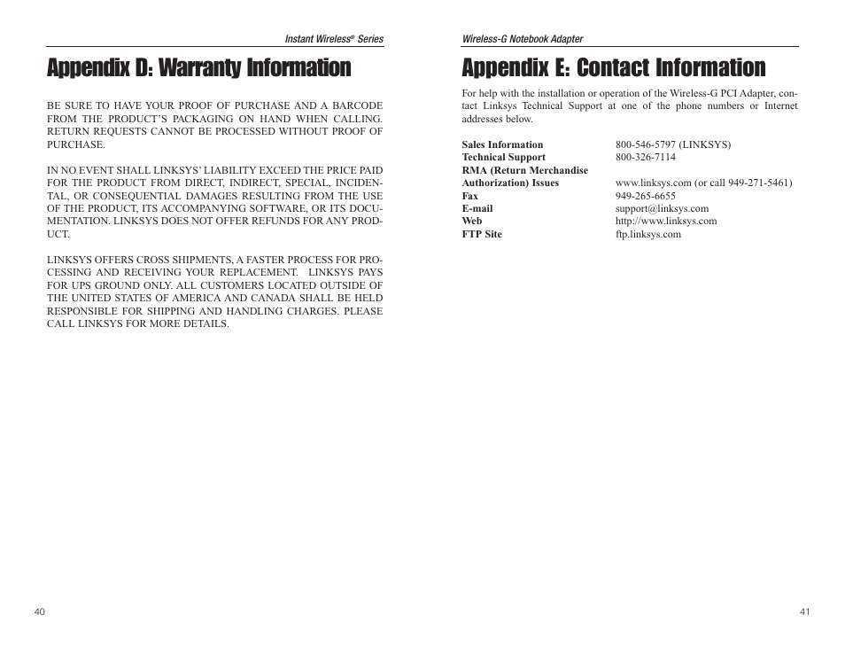 Appendix e: contact information, Appendix d: warranty information | Panasonic WMP54G User Manual | Page 24 / 25