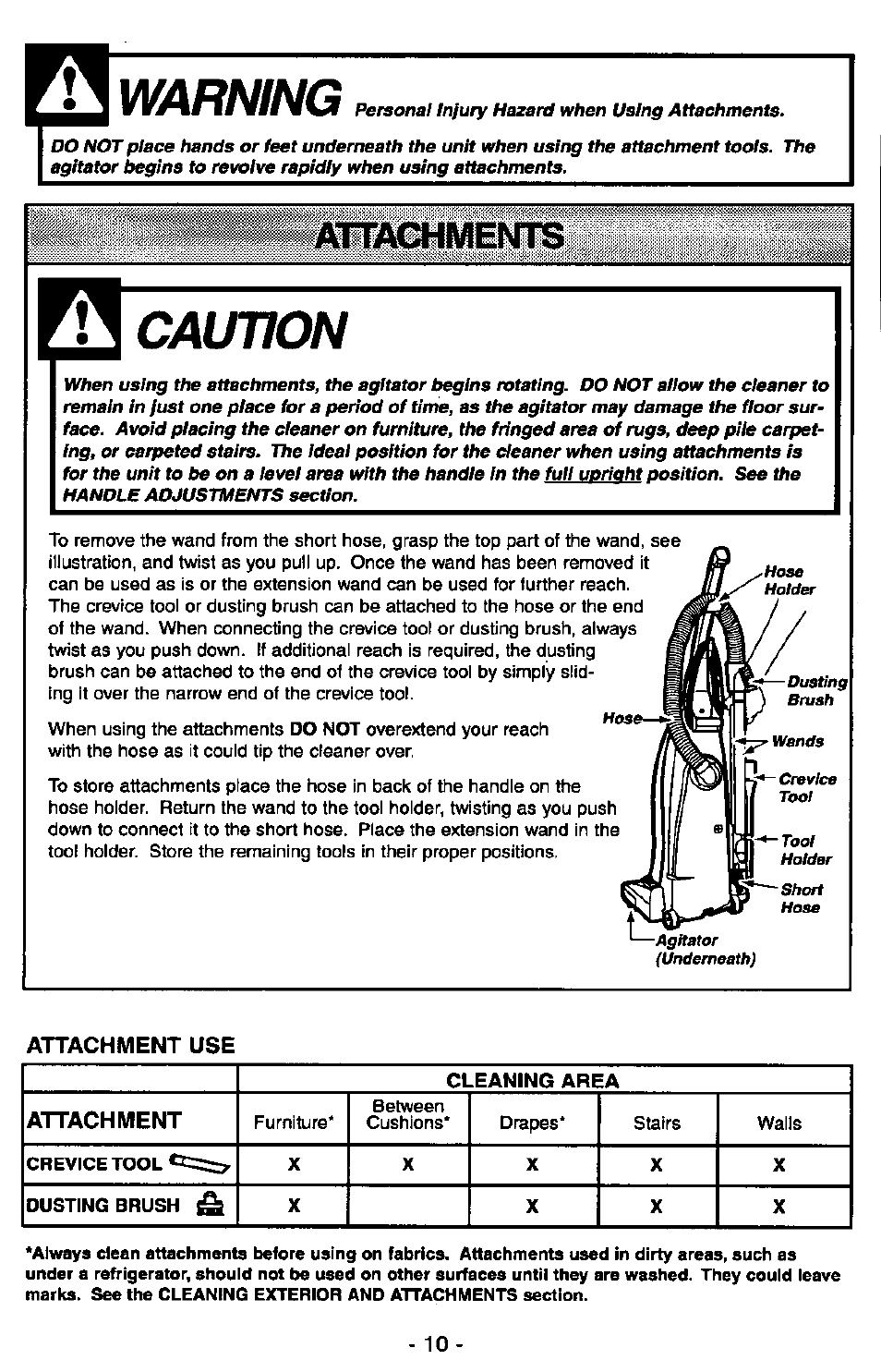 Attachment use, Attachments, Warning | Caution | Panasonic MC-V5715 User Manual | Page 10 / 40