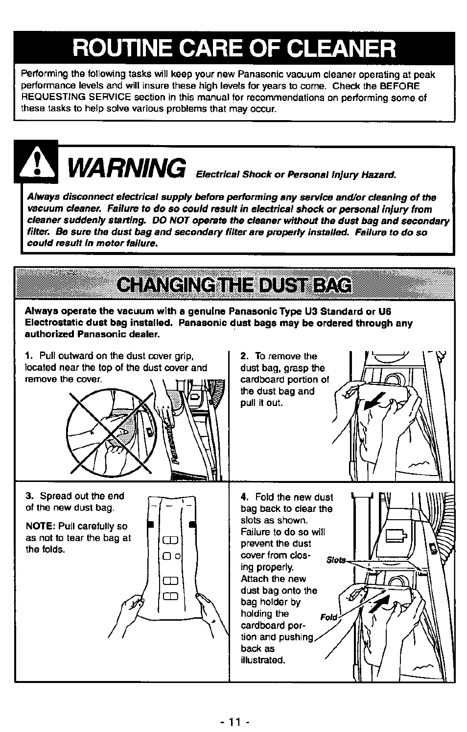 Routine care of cleaner, Changing the dust bag, Warning | Panasonic MC-V5715 User Manual | Page 11 / 40