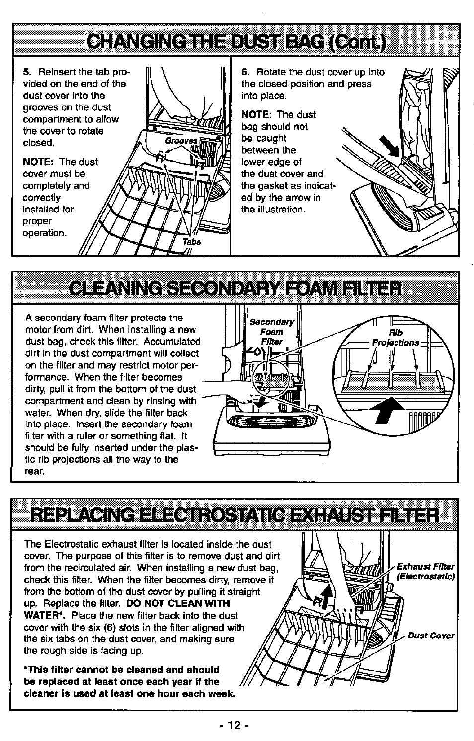 Cleanii, Cx)ndary foam rlter, Replaanq electrostatic exhaust rlter | Panasonic MC-V5715 User Manual | Page 12 / 40