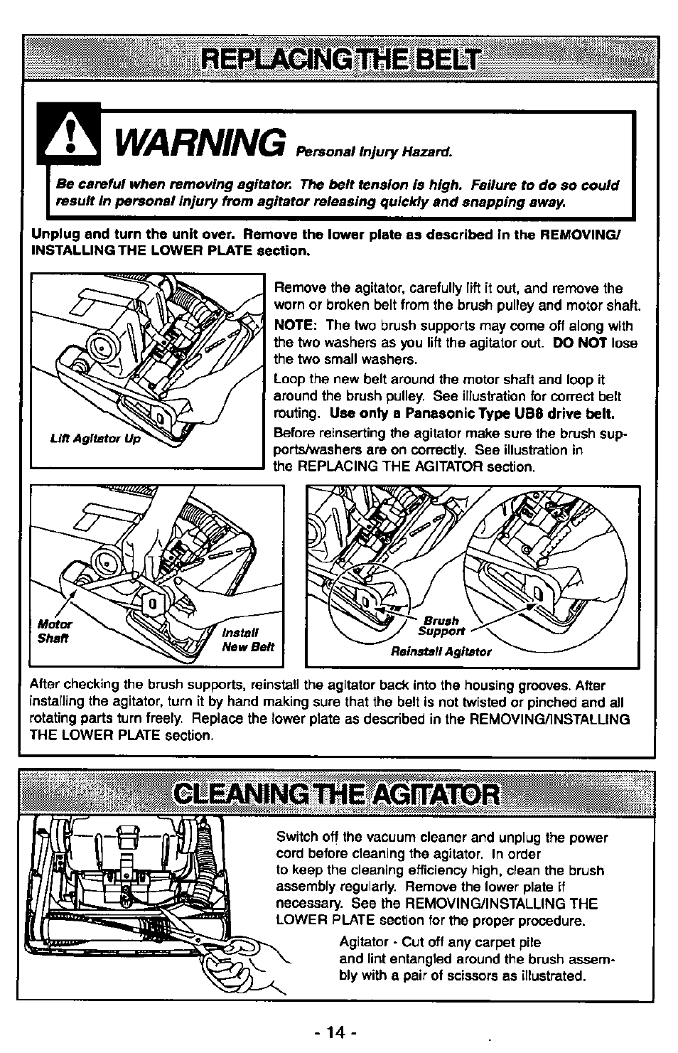 Cleaningthe agrator, Cleaning the agitator, Warning | Ncpijujinu|№kic|obli | Panasonic MC-V5715 User Manual | Page 14 / 40