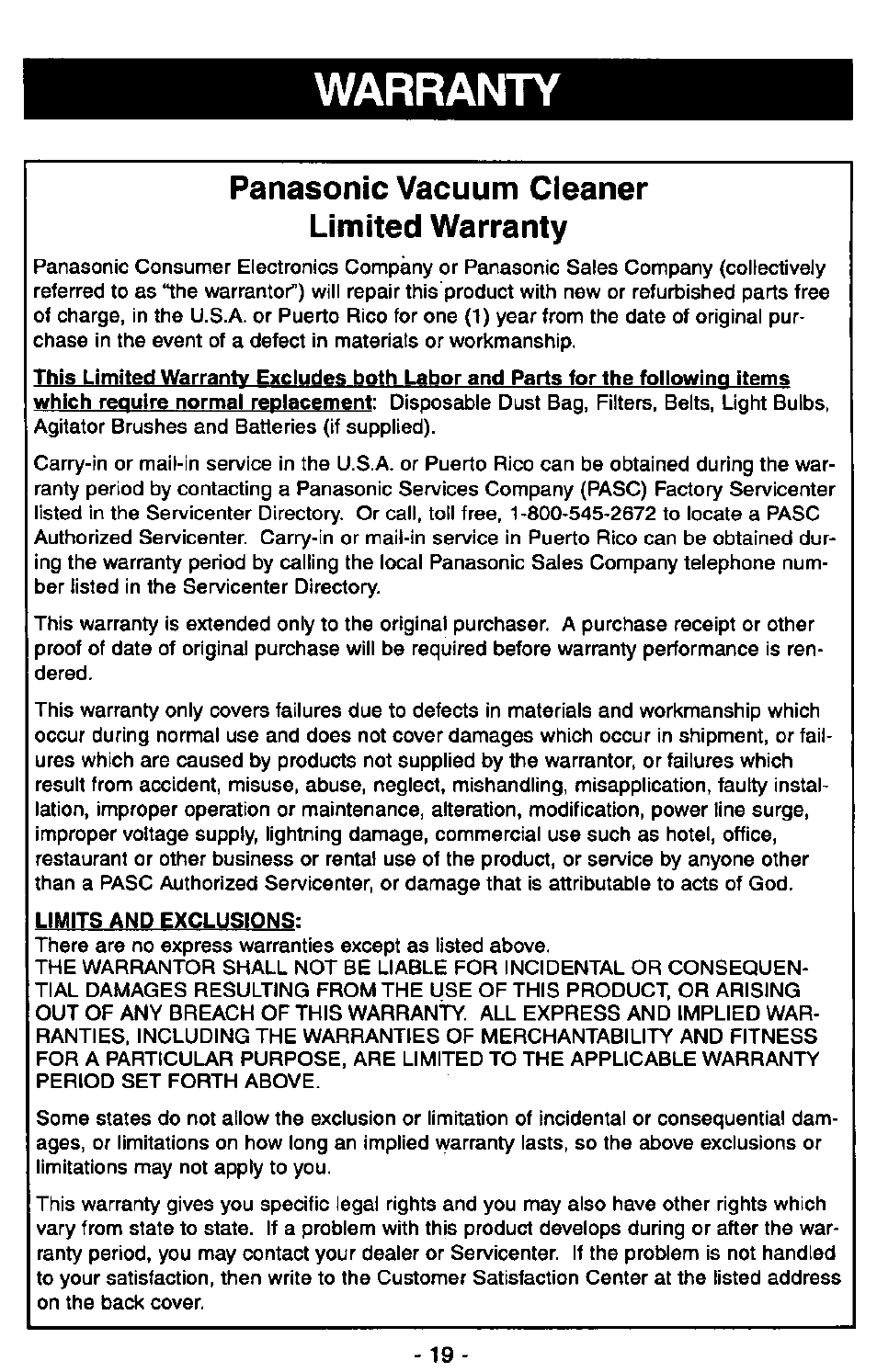 Warranty, Panasonic vacuum cleaner limited warranty, Require | Panasonic MC-V5715 User Manual | Page 19 / 40