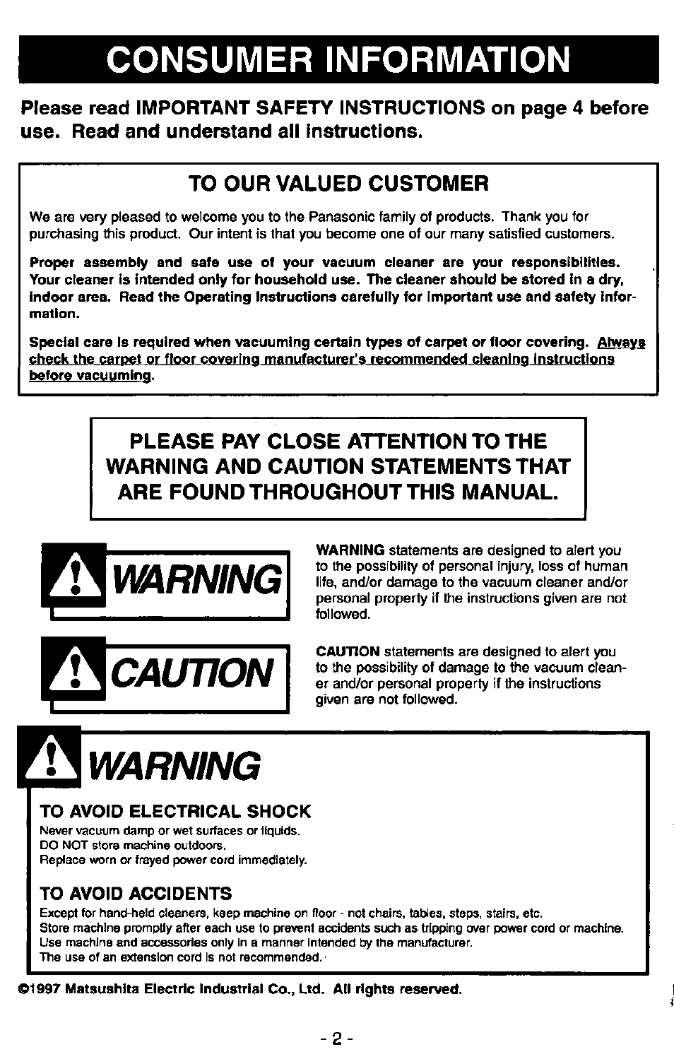 Consumer information, To avoid electrical shock, To avoid accidents | Warning, Caution | Panasonic MC-V5715 User Manual | Page 2 / 40