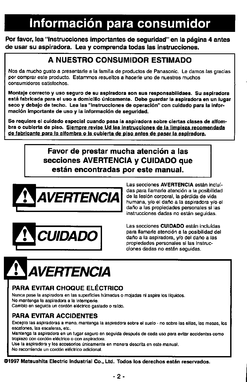Información para consumidor, Para evitar choque electrico, Para evitar accidentes | Avertencia, Cuidado | Panasonic MC-V5715 User Manual | Page 22 / 40
