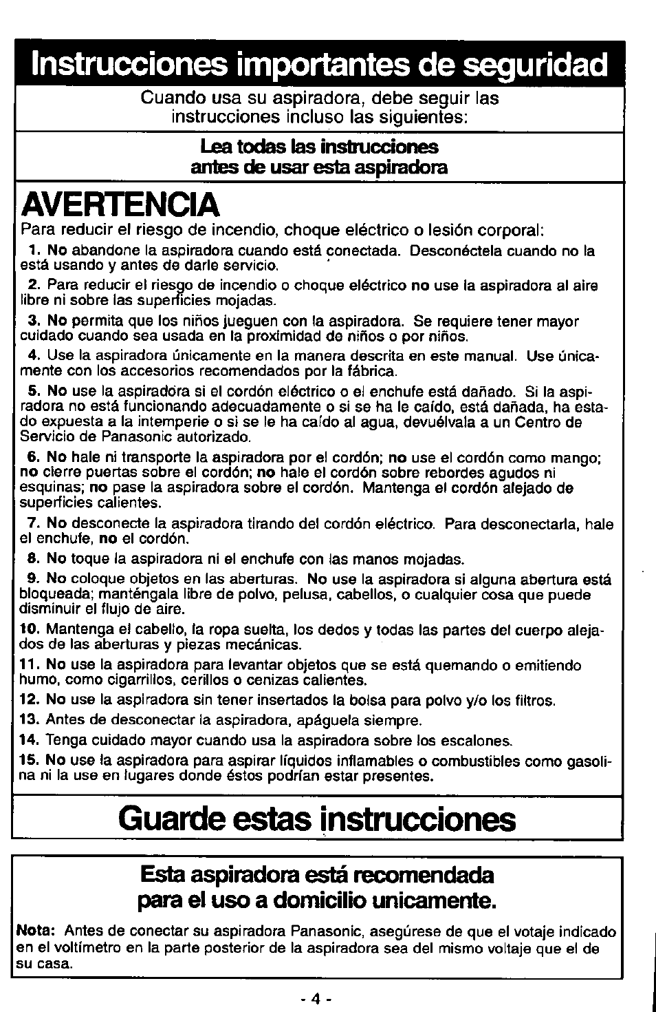 Instrucciones importantes de seguridad, Avefttencia, Guarde estas instrucciones | Panasonic MC-V5715 User Manual | Page 24 / 40