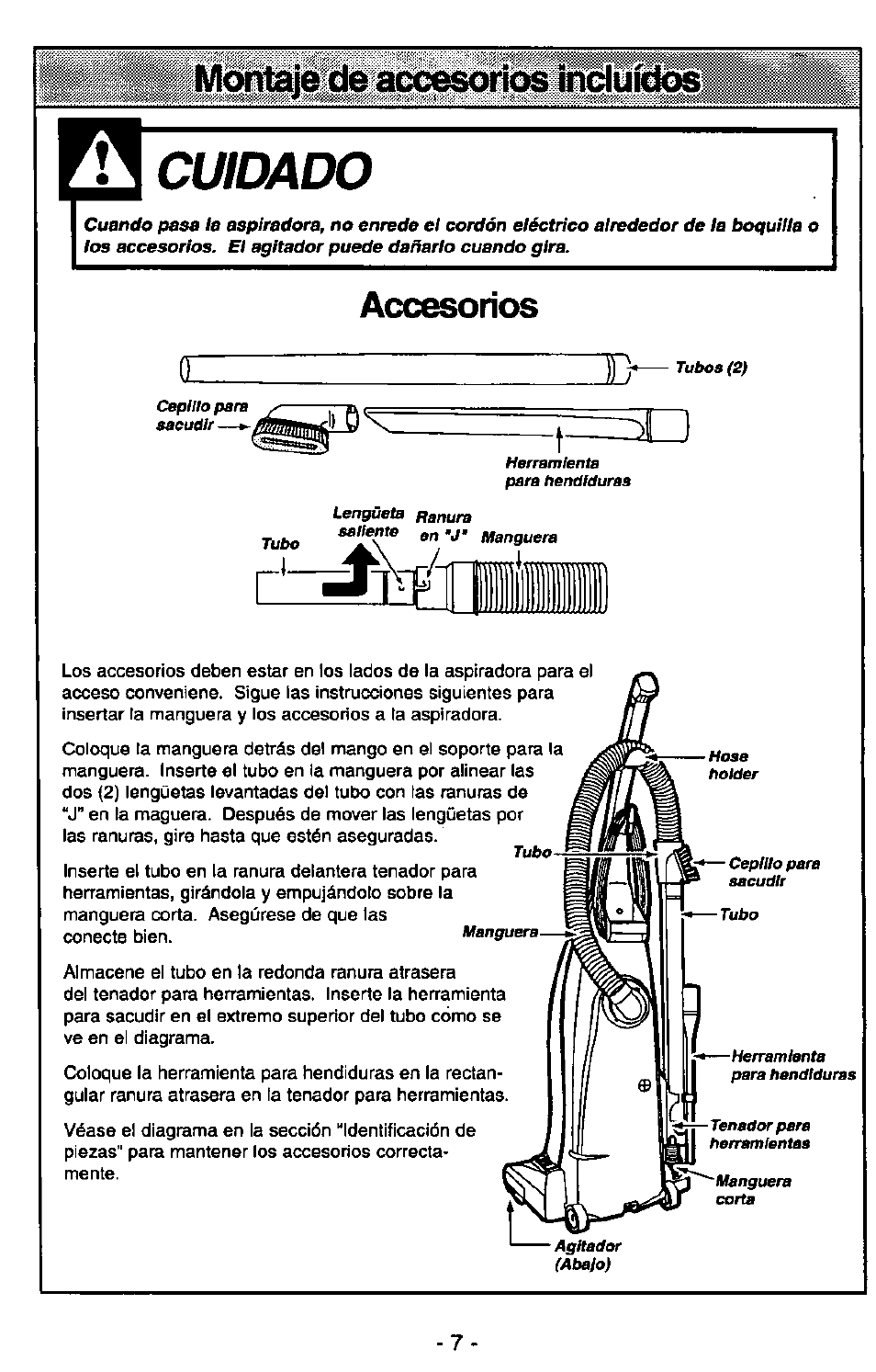 Montaje de accesorios incluidos, Accesorios, Cuidado | Panasonic MC-V5715 User Manual | Page 27 / 40