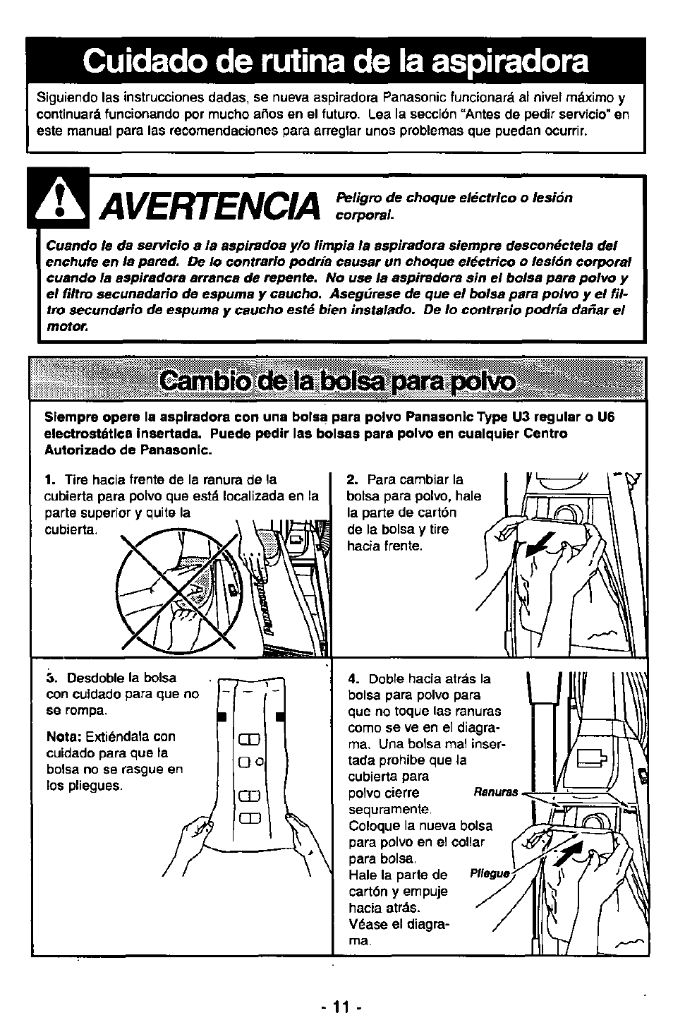 Cuidado de rutina de la aspiradora, Cambio de la bolsa para polvo, Avertencia | Panasonic MC-V5715 User Manual | Page 31 / 40