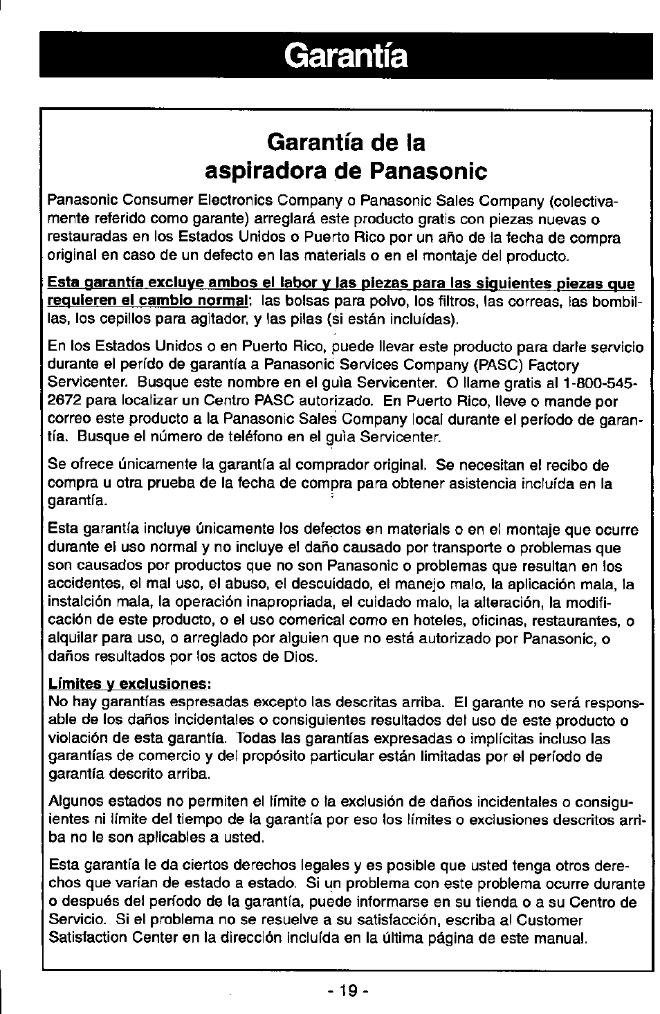 Garantía, Garantía de la aspiradora de panasonic, Límites v exclusiones | Panasonic MC-V5715 User Manual | Page 39 / 40