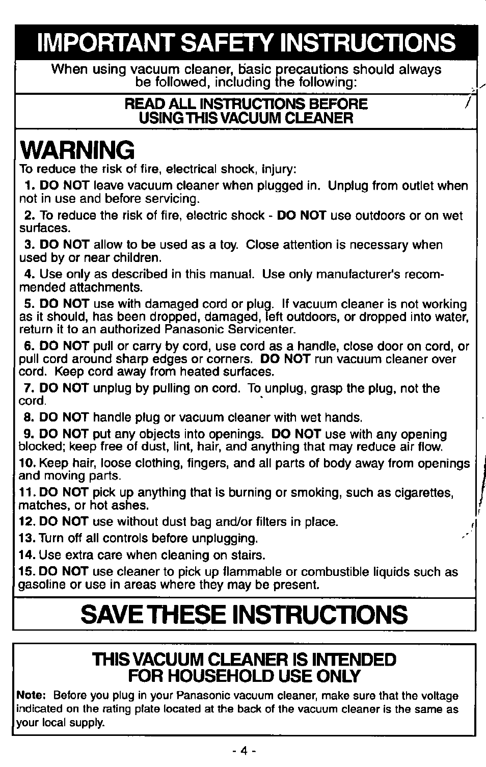 Important safety instructions, Warning, Save these instructions | Panasonic MC-V5715 User Manual | Page 4 / 40