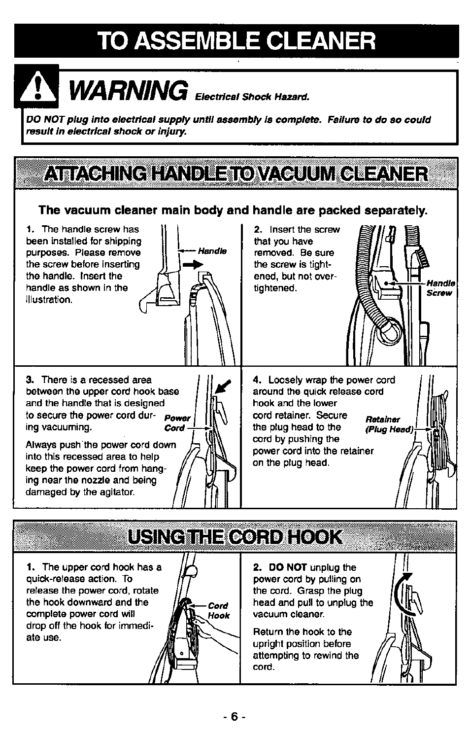 To assemble cleaner, Usingthe cord hook, Warning | Ni^6h№m0fei10ia | Panasonic MC-V5715 User Manual | Page 6 / 40